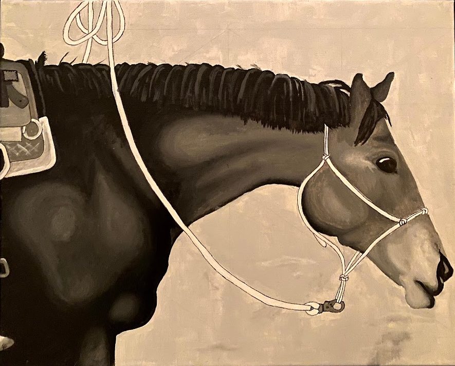 Black and white painting of a horse