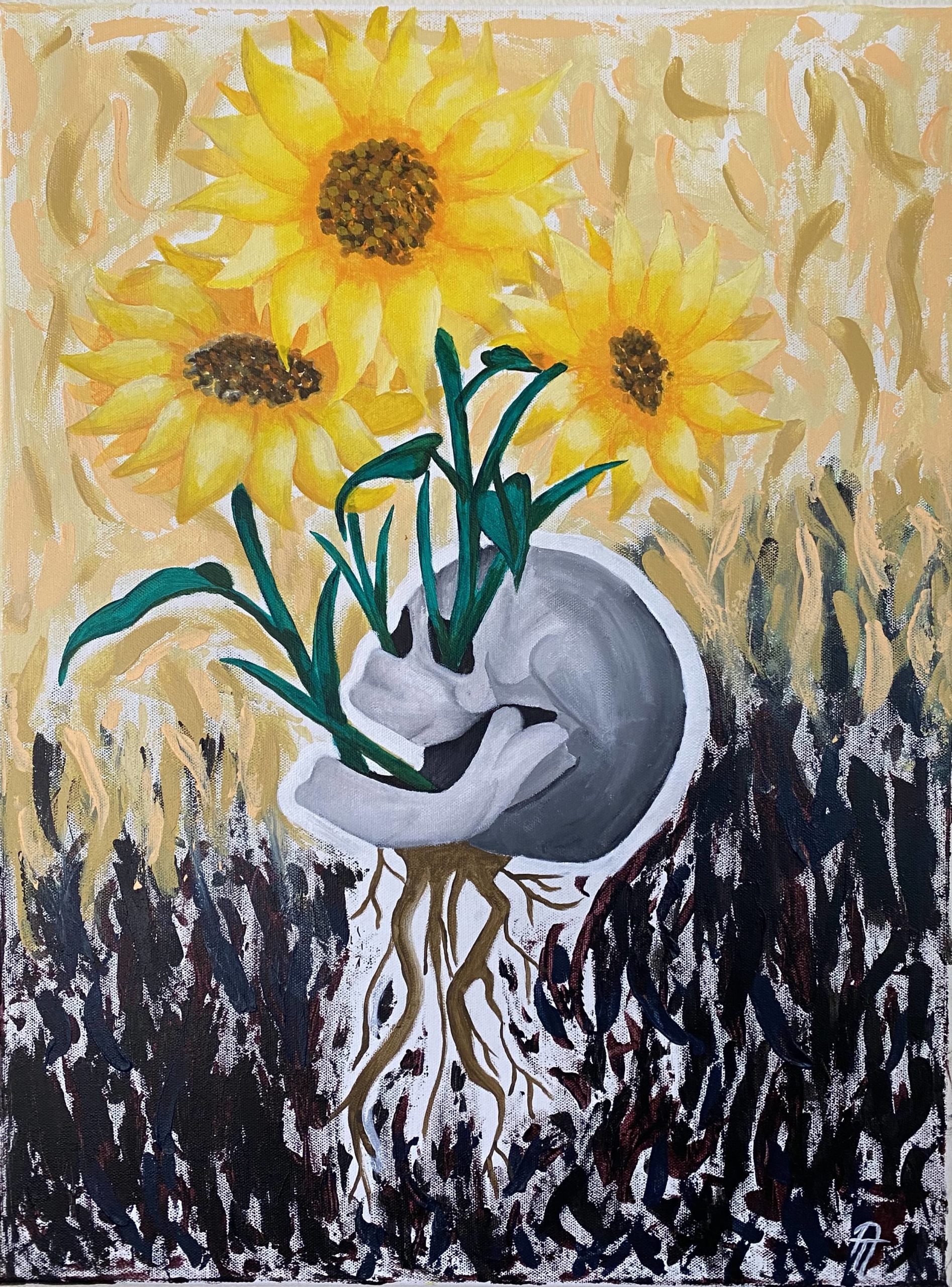 Sunflowers growing through a skull with an abstract background